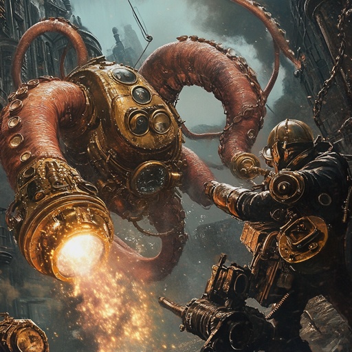 Steampunk: Steampunk underwater exploration, brass diving suits, pneumatic harpoon guns, giant mechanical squid attack --v 6.1