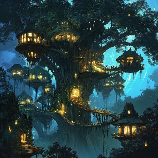 Concept art: Elven tree city with organic tech, living wood shaping, bioluminescent lighting, platforms for different social castes --v 6.1