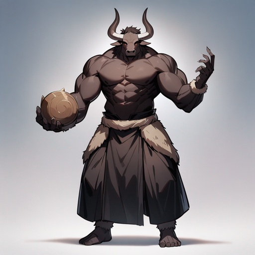 monk male minotaur, whiter skin, no human face, with longer horns, full body, one prostetic hand, using a Bo, 