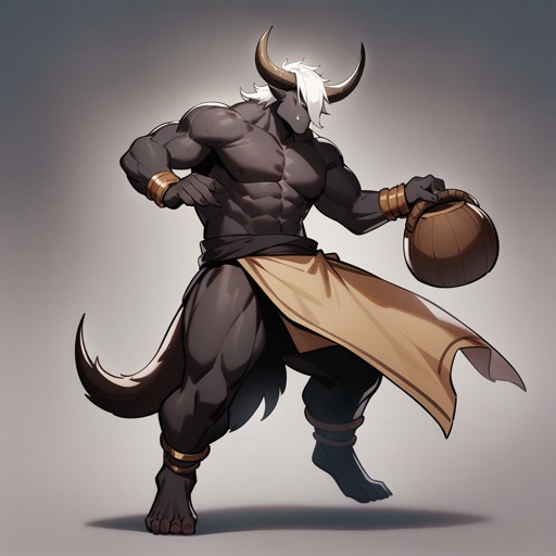 monk male minotaur, whiter skin, no human face, with longer horns, full body, one prostetic hand, using a Bo, 