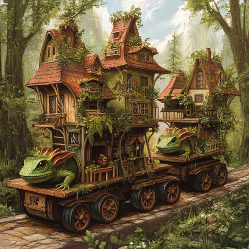 Vehicle: Halfling village-wagon convoy, interconnected platforms on wheels, tiny houses, gardens, pulled by giant lizards --v 6.1