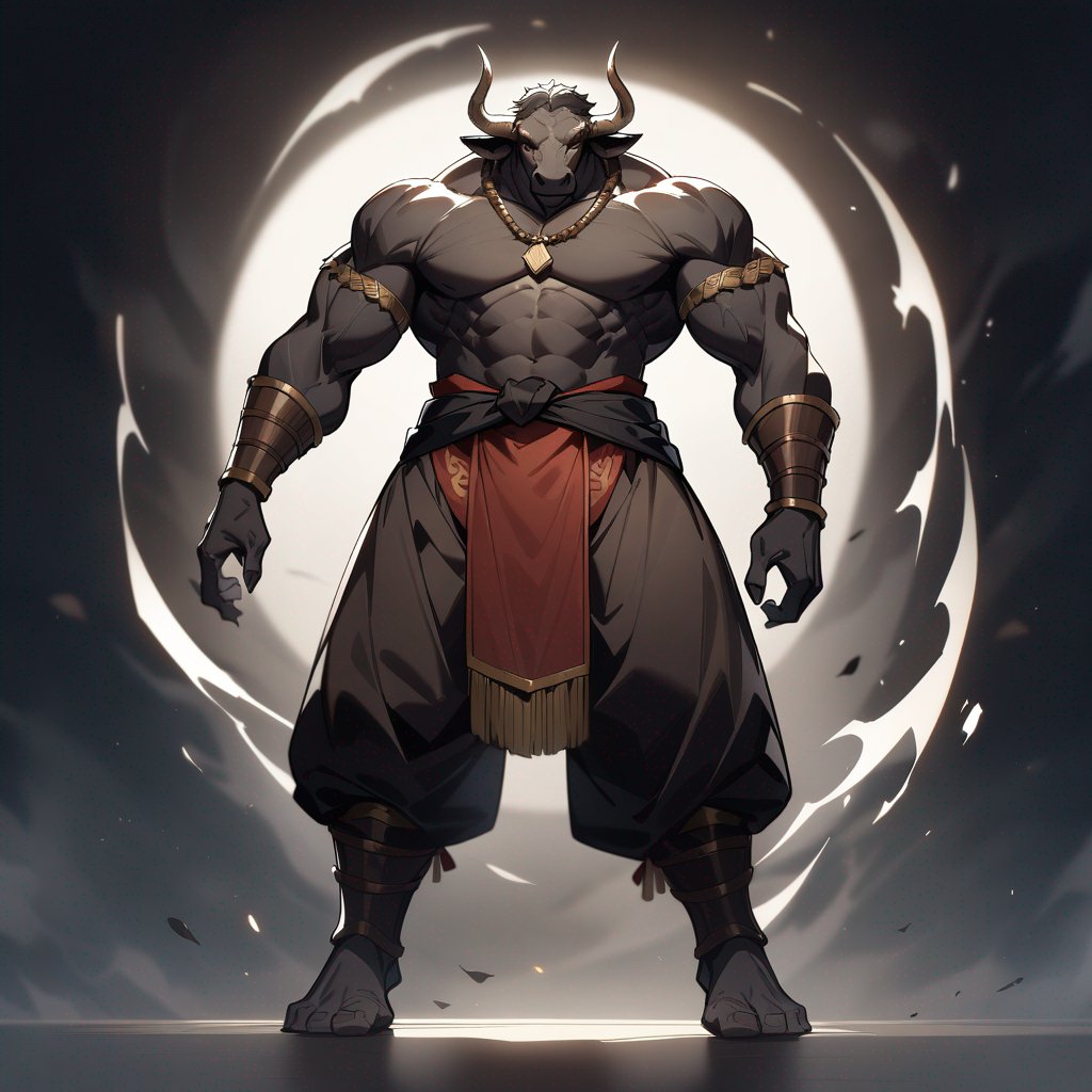 monk male minotaur, whiter skin, no human face, with longer horns, full body 