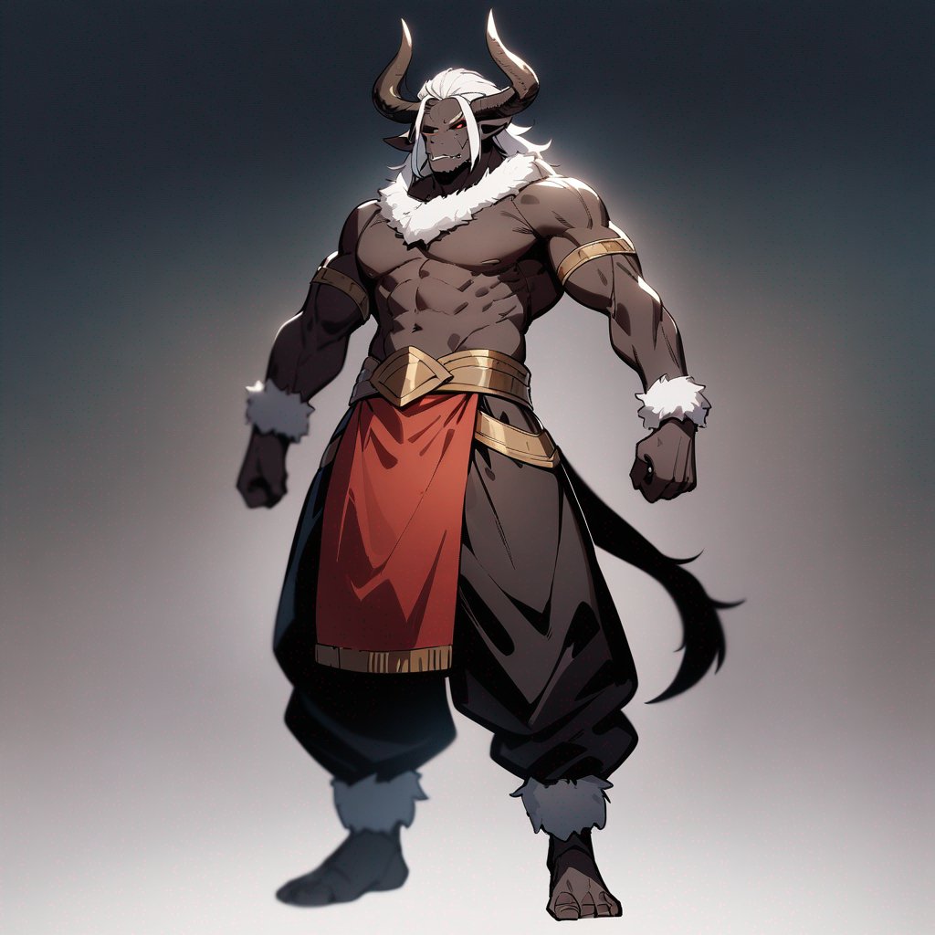 monk male minotaur whiter skin not human face with longer horns full body 