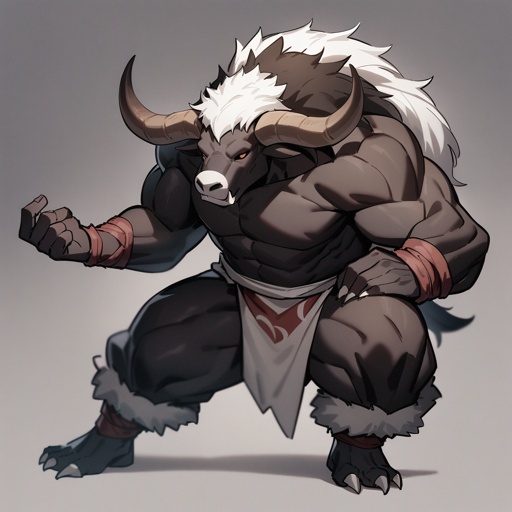 monk male minotaur, whiter skin, no human face, with longer horns, full body, one prostetic hand.
