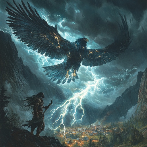 Mythical creature: Thunderbird summoning storm, lightning arcing between feathers, shaman attempting to control it, village below --v 6.1