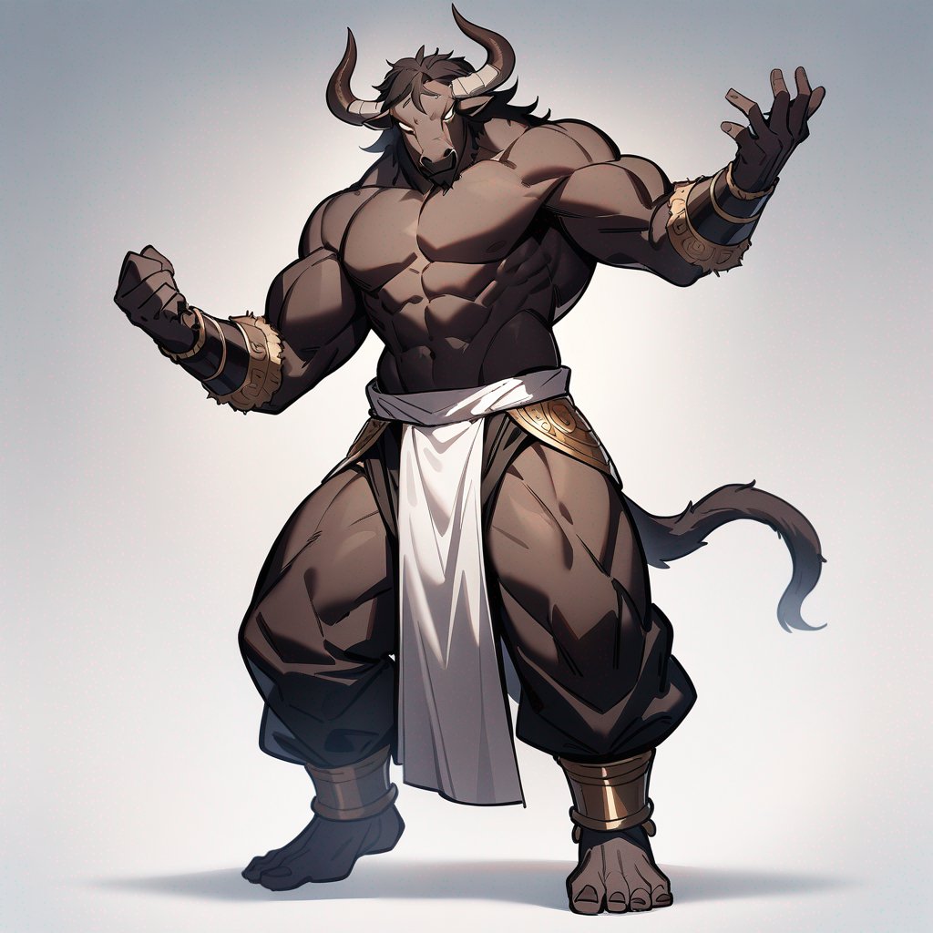 monk male minotaur, whiter skin, no human face, with longer horns, full body, one prostetic hand.