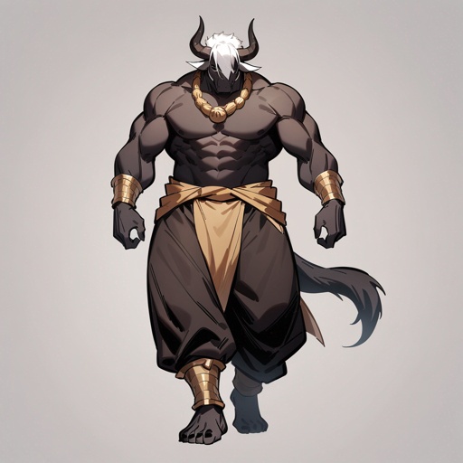 monk male minotaur, whiter skin, no human face, with longer horns, full body 