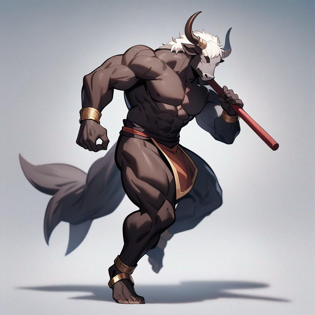 monk male minotaur, whiter skin, no human face, with longer horns, full body, one prostetic hand, using a Bo stick,