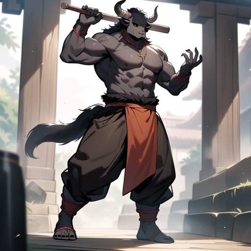monk male minotaur, whiter skin, no human face, with longer horns, full body, one prostetic hand, using a Bo stick, 