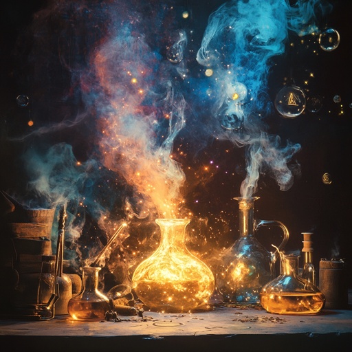 Magic item: Philosopher's stone transforming lead into gold, alchemical laboratory with bubbling potions, arcane circles, smoke of various colors --v 6.1