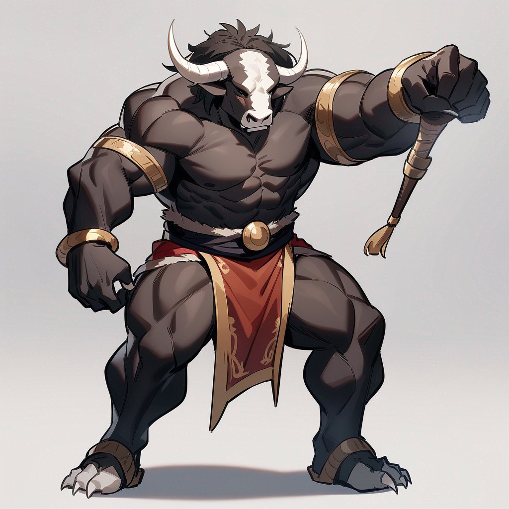 monk male minotaur, whiter skin, no human face, with longer horns, full body, one prostetic hand, using a Bo,