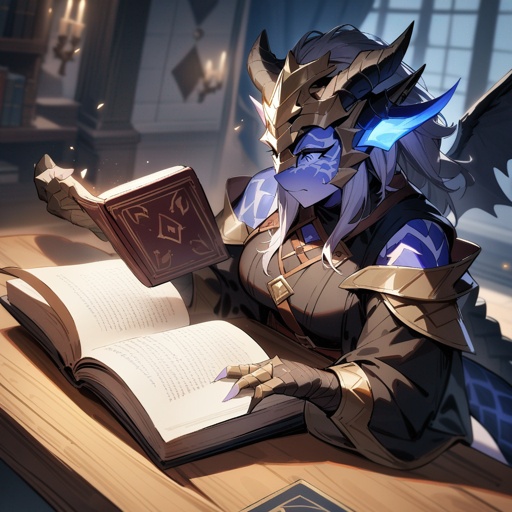 A mage black dragonborn, with tail and wings, studying a Magic book.