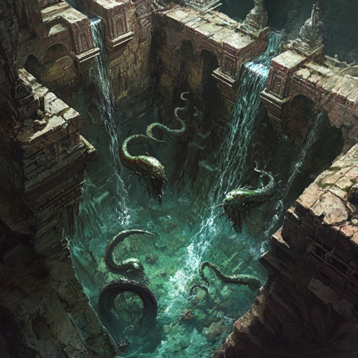 Dungeon: Sunken temple dungeon slowly flooding, water pouring through cracks, aquatic monsters swimming in, treasures floating, air pocket shrinking --v 6.1