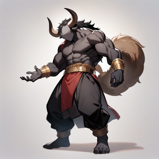 monk male minotaur, whiter skin, no human face, with longer horns, full body, one prostetic hand.