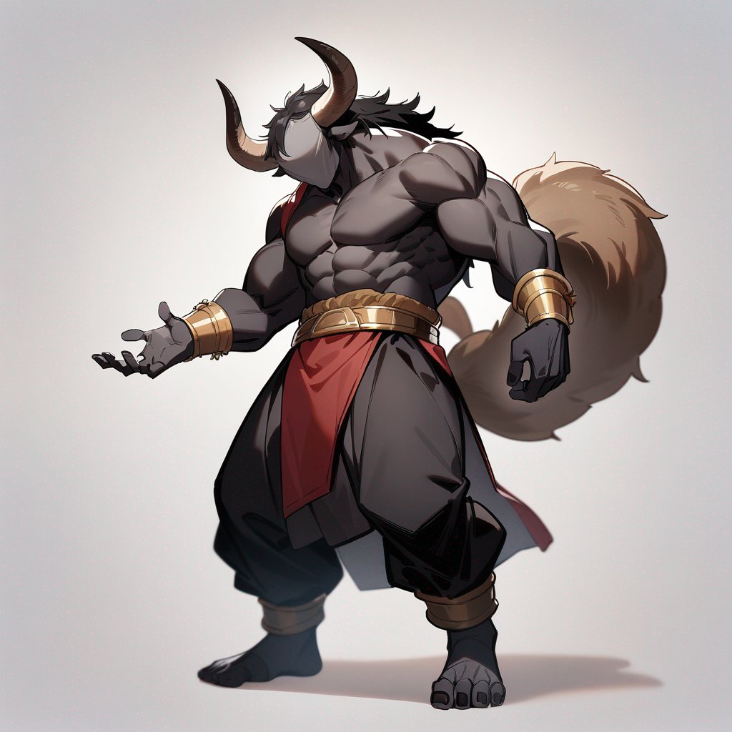 monk male minotaur, whiter skin, no human face, with longer horns, full body, one prostetic hand.