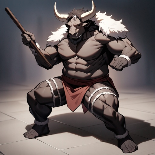 monk male minotaur, whiter skin, no human face, with longer horns, full body, one prostetic hand, using a Bo stick, 