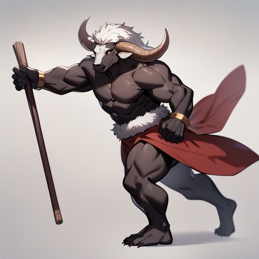 monk male minotaur, whiter skin, no human face, with longer horns, full body, one prostetic hand, using a Bo stick, 