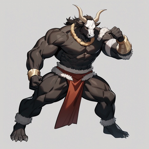 monk male minotaur, whiter skin, no human face, with longer horns, full body, one prostetic arm.