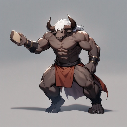monk male minotaur, whiter skin, no human face, with longer horns, full body, one prostetic hand, using a Bo, 