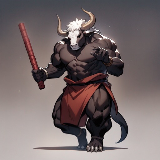monk male minotaur, whiter skin, no human face, with longer horns, full body, one prostetic hand, using a Bo stick, 