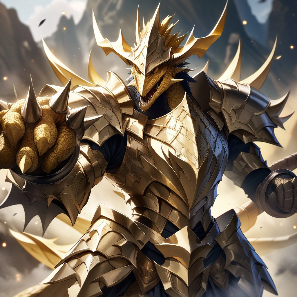 Character portrait: Gold yellow Dragonborn paladin in ornate scaled silver armor, radiant, strong, lizardfolk, dramatic, clutching holy flail, highly detailed background --niji 6