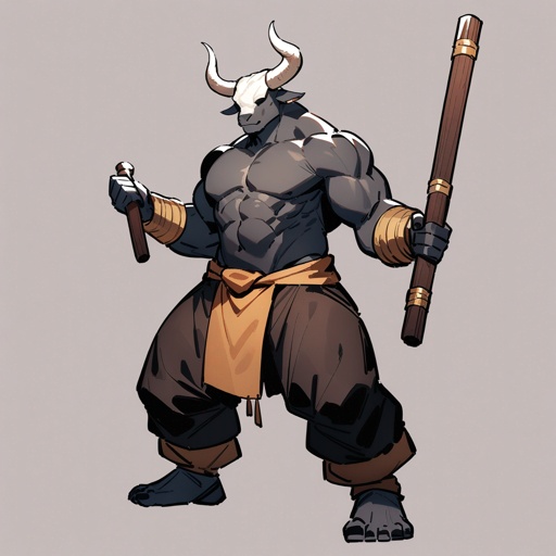 monk male minotaur, whiter skin, no human face, with longer horns, full body, one prostetic hand, using a Bo stick, 