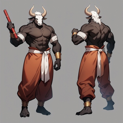 monk male minotaur, whiter skin, no human face, with longer horns, full body, one prostetic hand, using a Bo stick, 