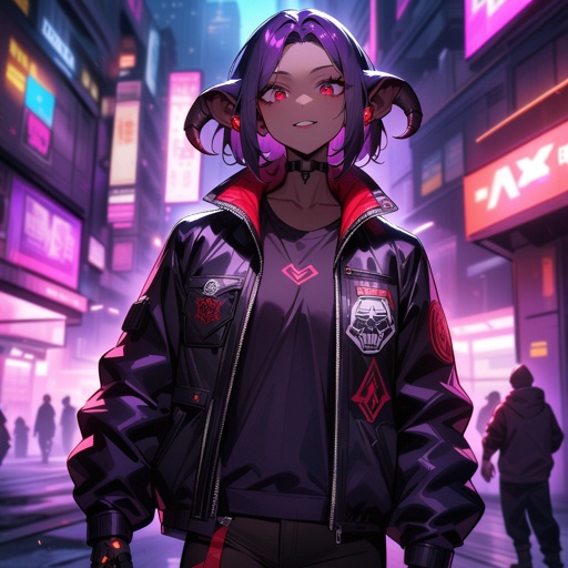 A D&D style dark purple skinned tiefling with robotic red eyes large build wearing a black bikers jacket in a cyberpunk setting