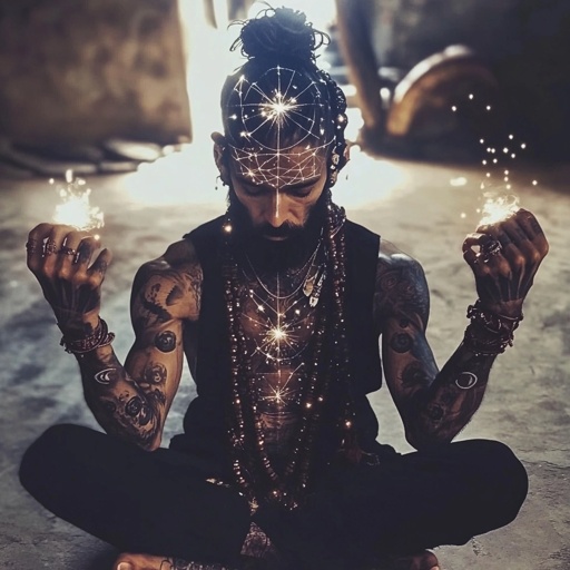 Class: Astral monk in meditation, spirit projecting from body, star-chart tattoos glowing, fists radiating cosmic energy --v 6.1