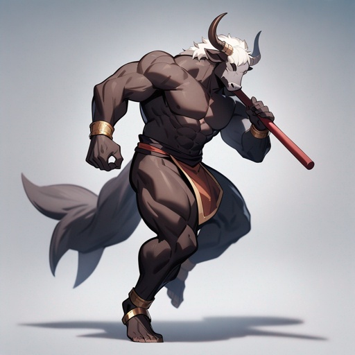 monk male minotaur, whiter skin, no human face, with longer horns, full body, one prostetic hand, using a Bo stick, 