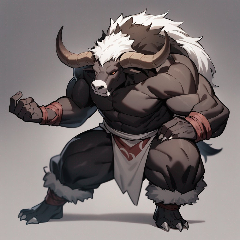 monk male minotaur, whiter skin, no human face, with longer horns, full body, one prostetic hand.