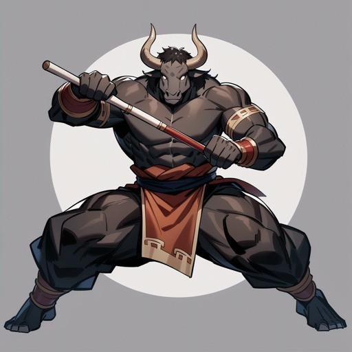 monk male minotaur, whiter skin, no human face, with longer horns, full body, one prostetic hand, using a Bo stick, 