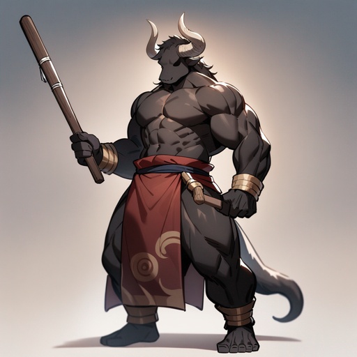 monk male minotaur, whiter skin, no human face, with longer horns, full body, one prostetic hand, using a Bo stick, 