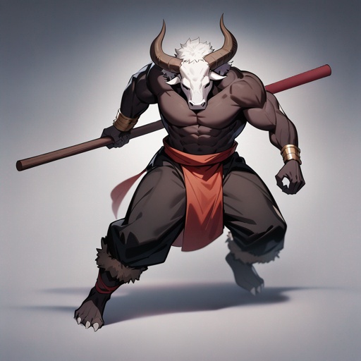 monk male minotaur, whiter skin, no human face, with longer horns, full body, one prostetic hand, using a Bo stick, 