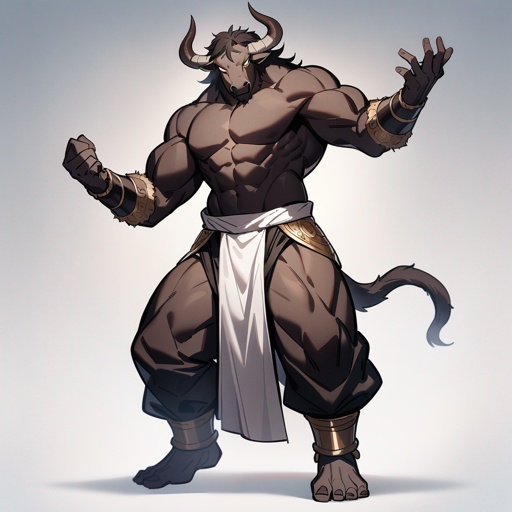 monk male minotaur, whiter skin, no human face, with longer horns, full body, one prostetic hand.