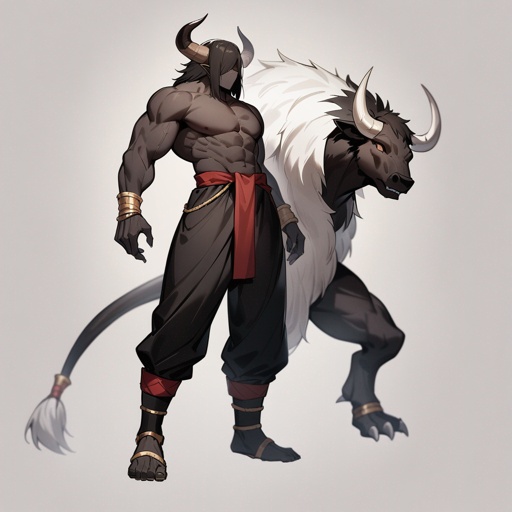 monk male minotaur, whiter skin, no human face, with longer horns, full body, one prostetic hand.