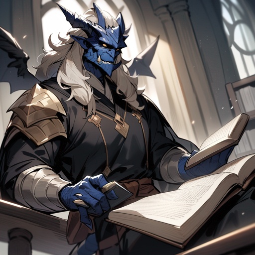 A male, strong, mage black dragonborn, with tail and wings, studying a Magic book.