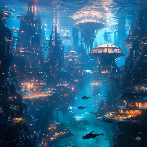 Landscape: Underwater metropolis protected by massive air domes, bioluminescent coral structures, merfolk and aquatic creatures swimming about, sunken ships in background --v 6.1