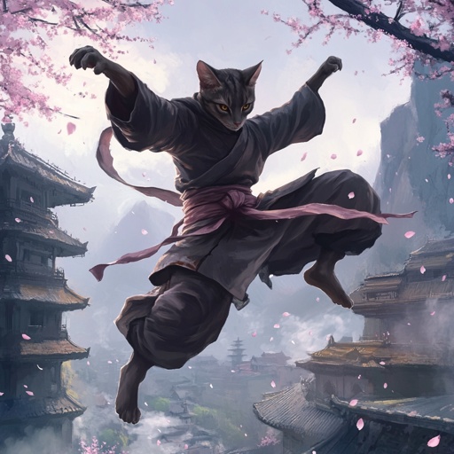 Character portrait: Graceful tabaxi monk in flowing silk robes, executing a mid-air kick, cherry blossoms falling, misty mountain temple in background --v 6.1