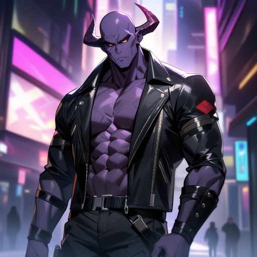 A well muscled bald male with dark purple skin and front facing demon horns with robotic red eyes wearing a black biker jacket in a cyberpunk setting
