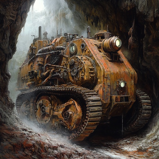 Vehicle: Dwarven steam-powered drill tank, massive grinding gears, reinforced hull, periscopes, breaking through cavern wall --v 6.1