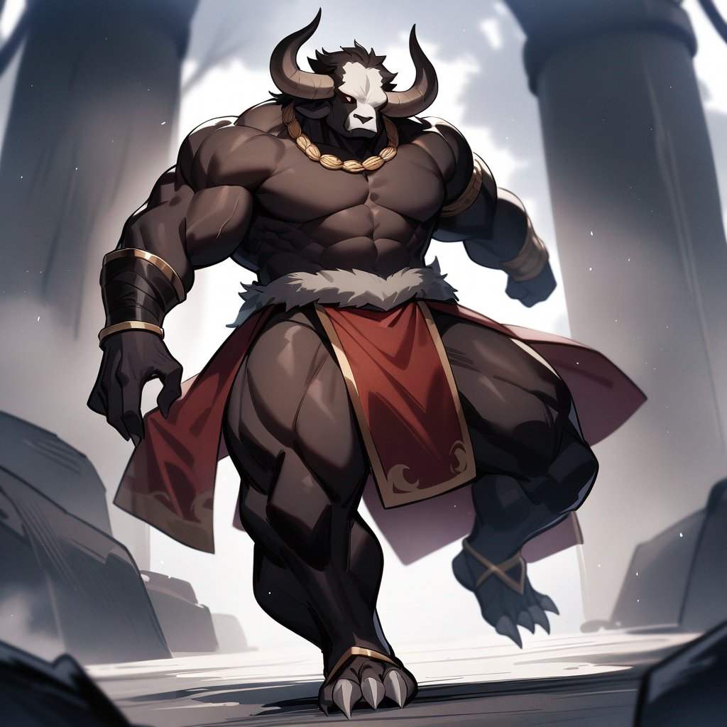 monk male minotaur, whiter skin, no human face, with longer horns, full body, one prostetic arm.