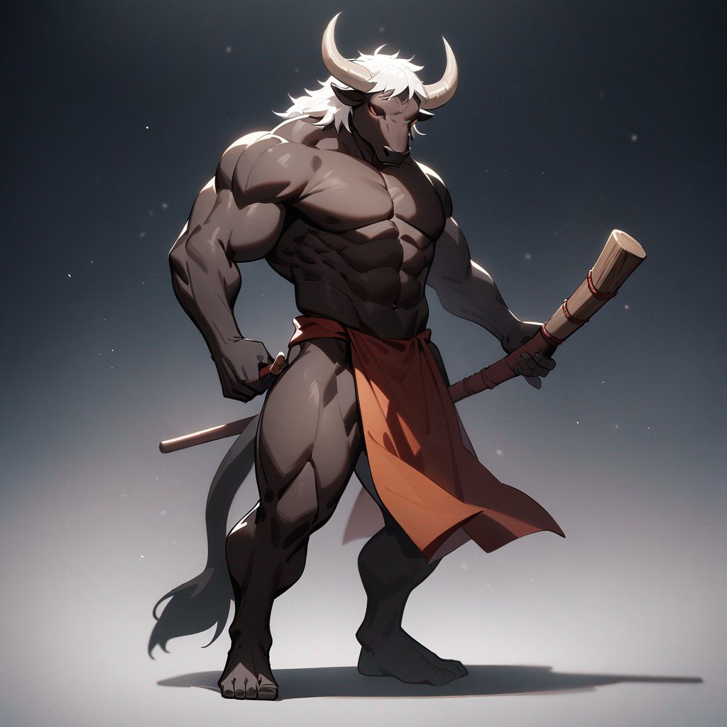 monk male minotaur, whiter skin, no human face, with longer horns, full body, one prostetic hand, using a Bo stick, 