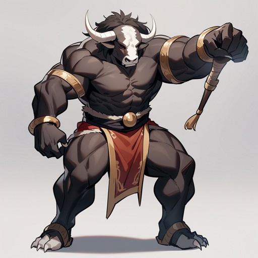 monk male minotaur, whiter skin, no human face, with longer horns, full body, one prostetic hand, using a Bo, 