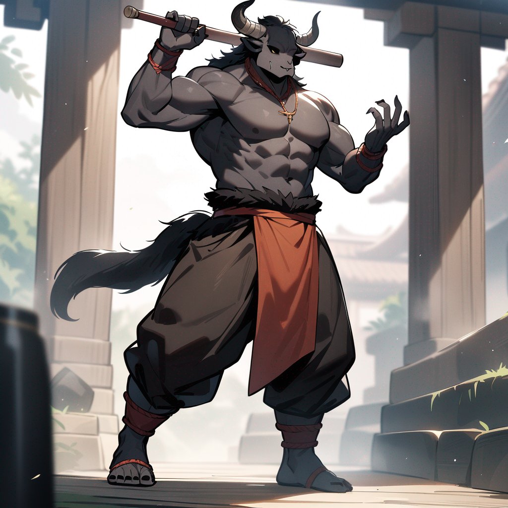 monk male minotaur, whiter skin, no human face, with longer horns, full body, one prostetic hand, using a Bo stick,