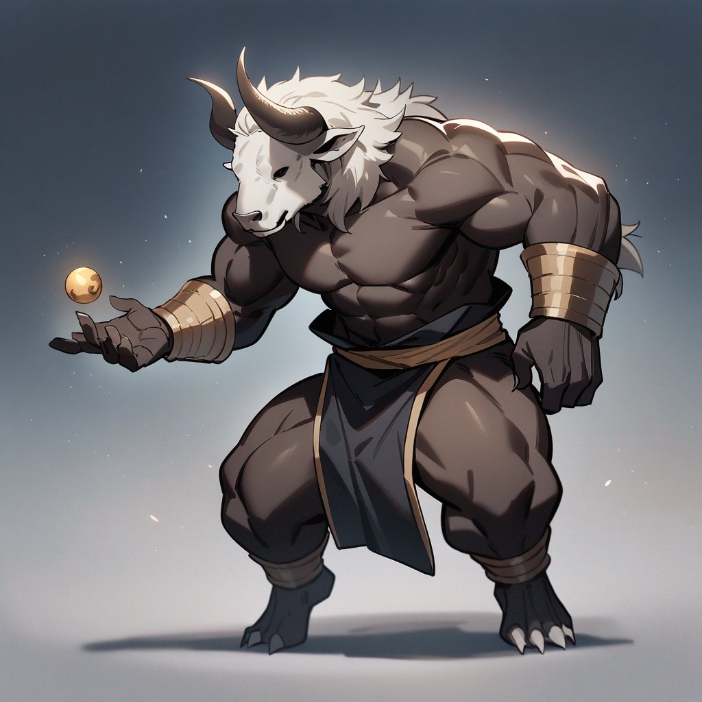 monk male minotaur, whiter skin, no human face, with longer horns, full body, one prostetic hand, using a Bo,