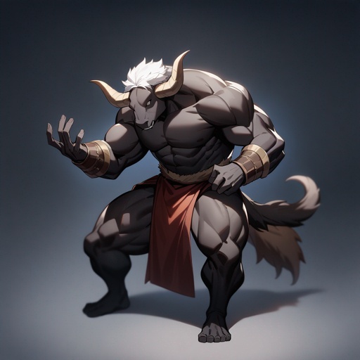 monk male minotaur, whiter skin, no human face, with longer horns, full body, one prostetic hand.