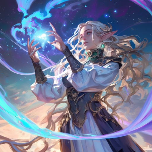 Character portrait: Elegant high elf wizard in star-patterned robes, casting a complex spell, arcane runes swirling, floating in a cosmic void --niji 6