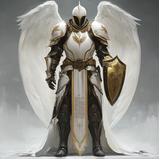 Armor: Paladin's holy armor with angelic wings, radiant aura, prayers etched in gold, morphing shields of faith, goblet-shaped helmet --v 6.1