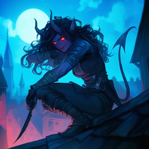 Character portrait: Mysterious tiefling rogue shrouded in shadows, glowing red eyes, wielding twin daggers, perched on a moonlit rooftop, gothic architecture in background --niji 6